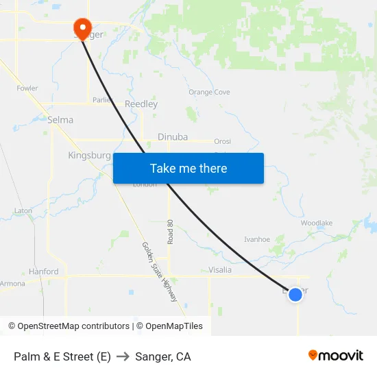 Palm & E Street (E) to Sanger, CA map