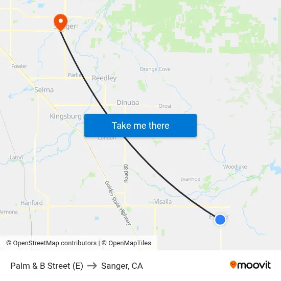 Palm & B Street (E) to Sanger, CA map