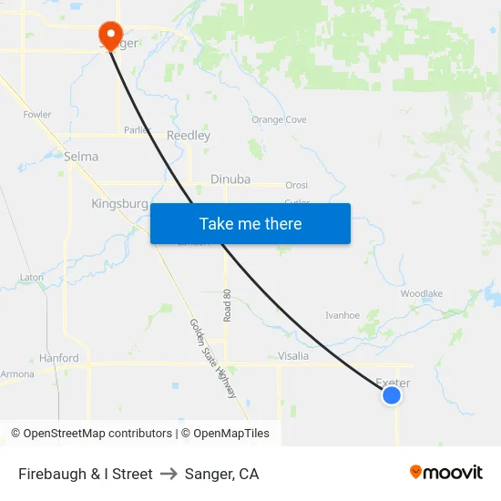 Firebaugh & I Street to Sanger, CA map