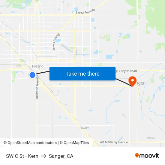 SW C St - Kern to Sanger, CA map