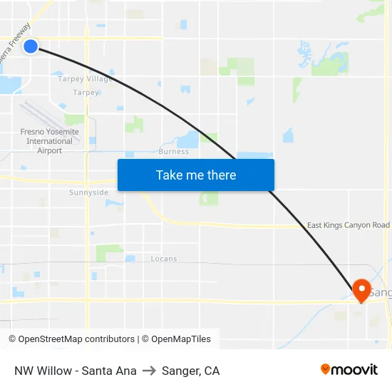 NW Willow - Santa Ana to Sanger, CA map