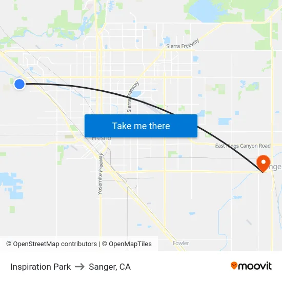 Inspiration Park to Sanger, CA map