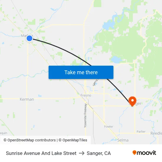 Sunrise Avenue And Lake Street to Sanger, CA map