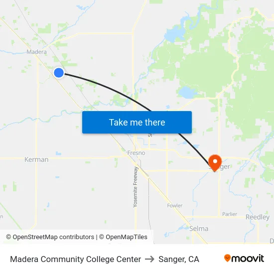 Madera Community College Center to Sanger, CA map