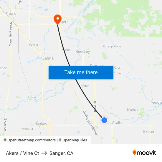 Akers / Vine Ct to Sanger, CA map
