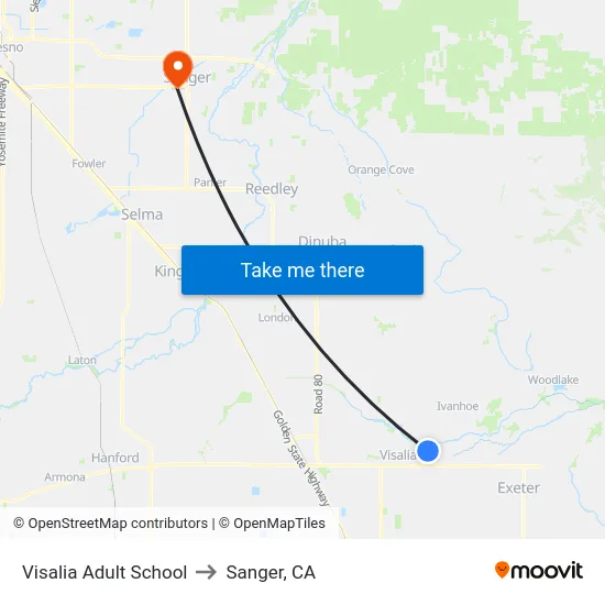 Visalia Adult School to Sanger, CA map