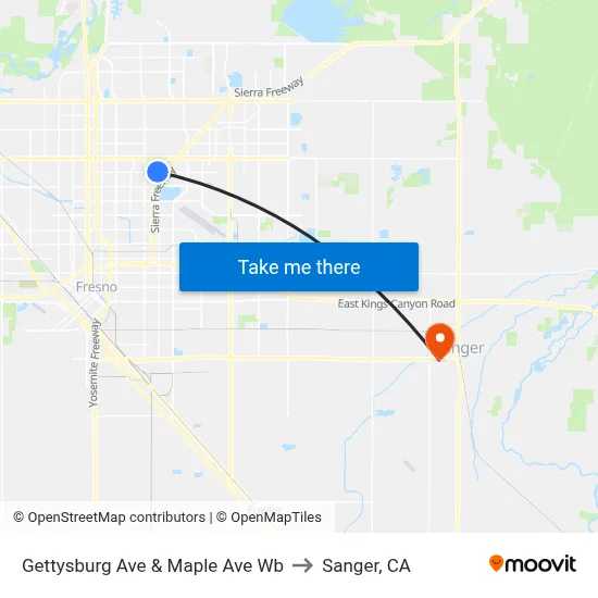 Gettysburg Ave & Maple Ave Wb to Sanger, CA map