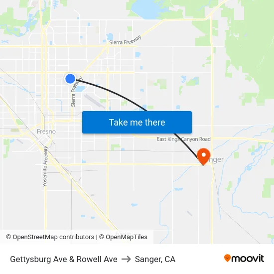 Gettysburg Ave & Rowell Ave to Sanger, CA map