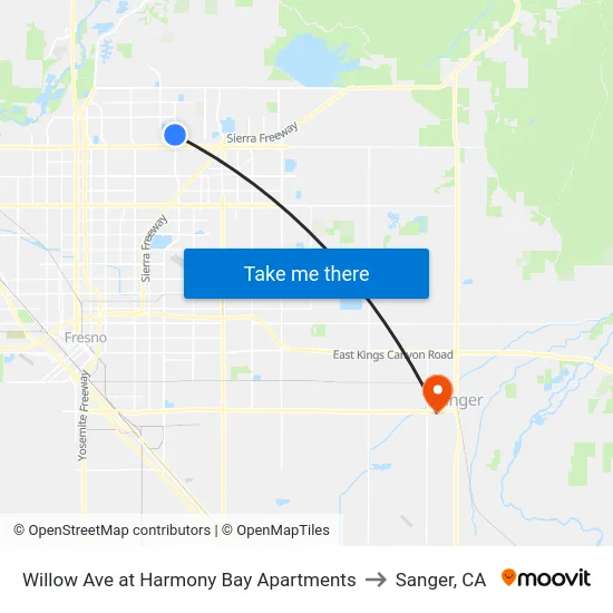 Willow Ave at Harmony Bay Apartments to Sanger, CA map