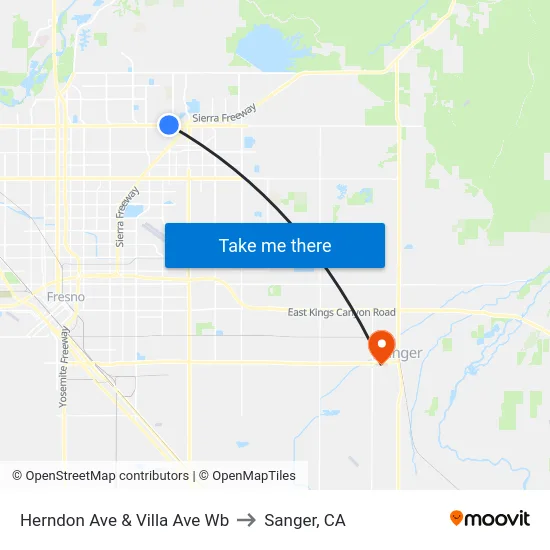 Herndon Ave & Villa Ave Wb to Sanger, CA map