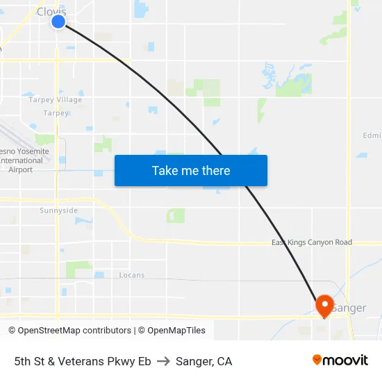 5th St & Veterans Pkwy Eb to Sanger, CA map