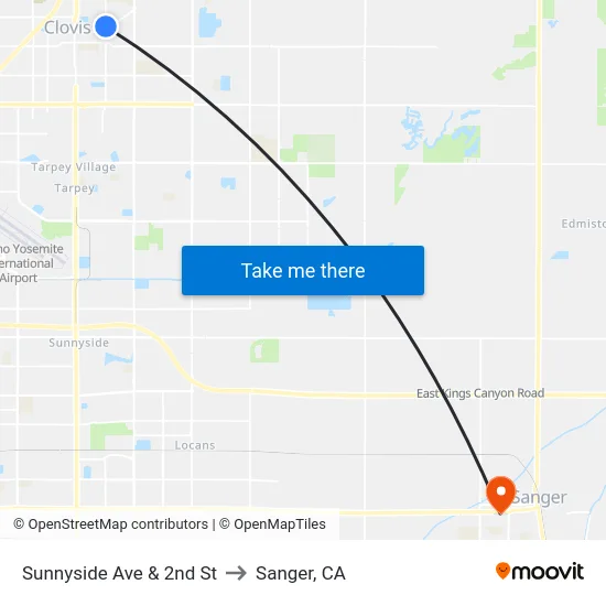 Sunnyside Ave & 2nd St to Sanger, CA map