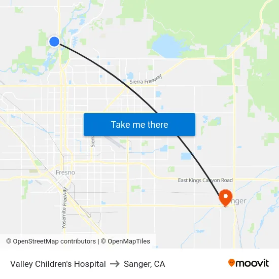Valley Children's Hospital to Sanger, CA map