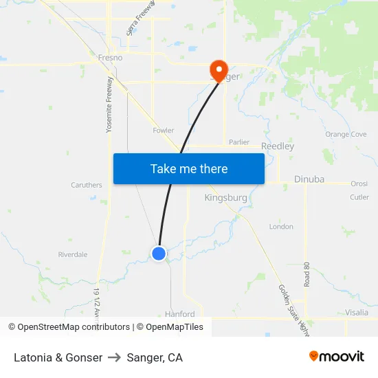 Latonia & Gonser to Sanger, CA map