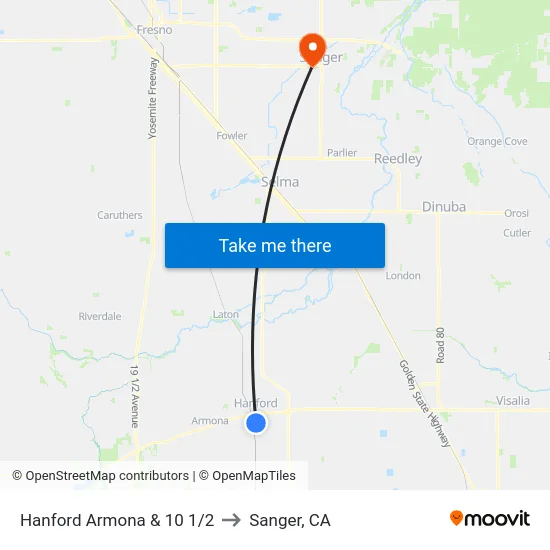 Hanford Armona & 10 1/2 to Sanger, CA map