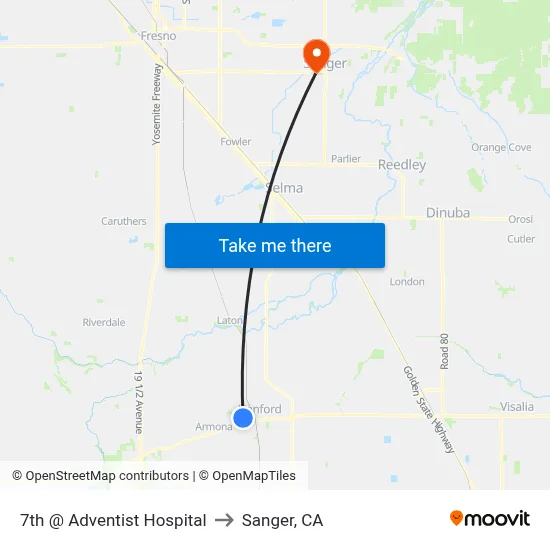 7th @ Adventist Hospital to Sanger, CA map