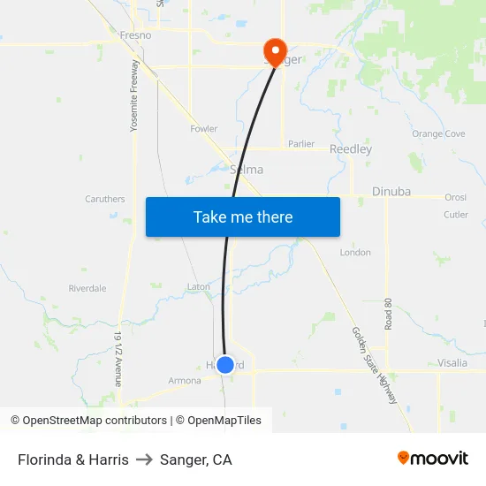 Florinda & Harris to Sanger, CA map