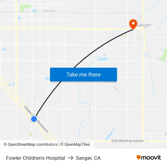 Fowler Children's Hospital to Sanger, CA map