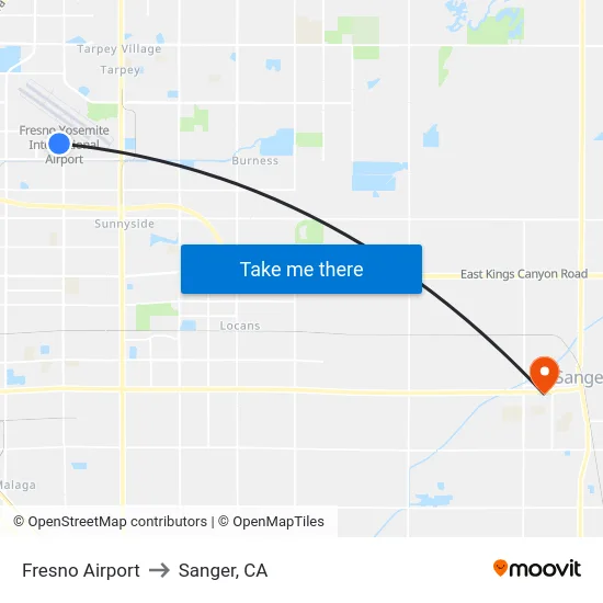 Fresno Airport to Sanger, CA map
