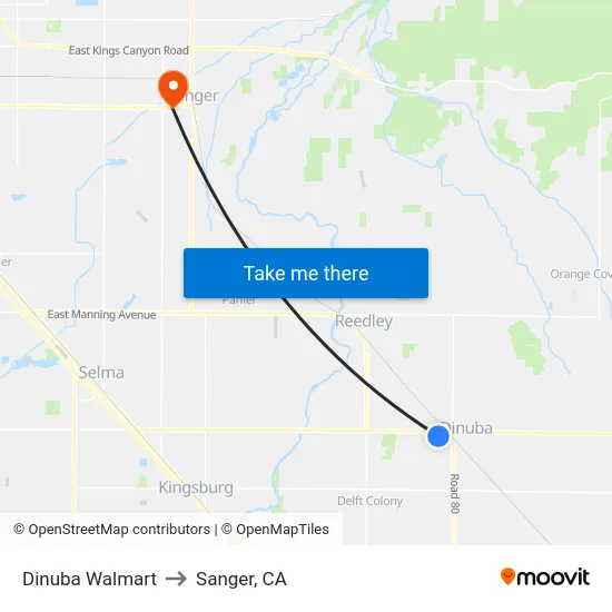 Dinuba Walmart to Sanger, CA map