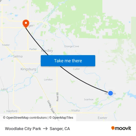 Woodlake City Park to Sanger, CA map
