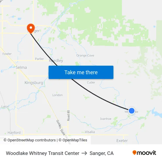 Woodlake Whitney Transit Center to Sanger, CA map