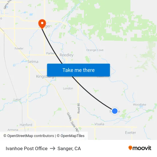 Ivanhoe Post Office to Sanger, CA map