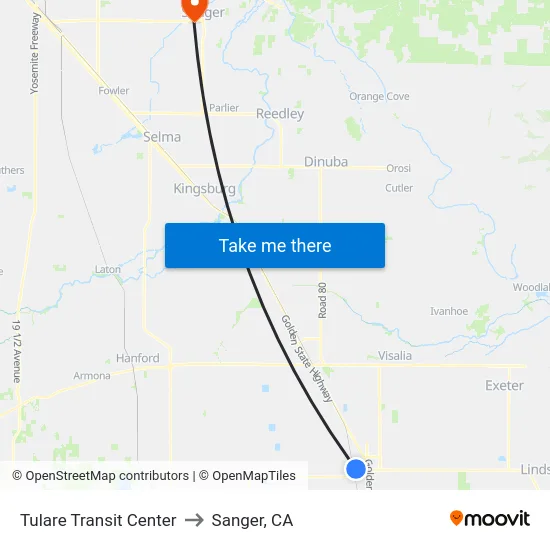 Tulare Transit Center to Sanger, CA map