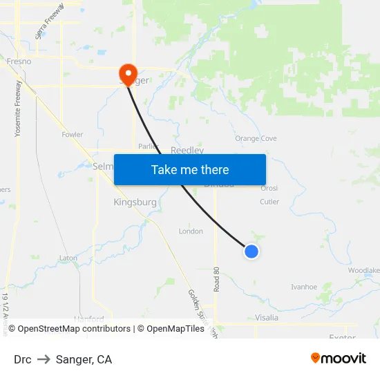 Drc to Sanger, CA map