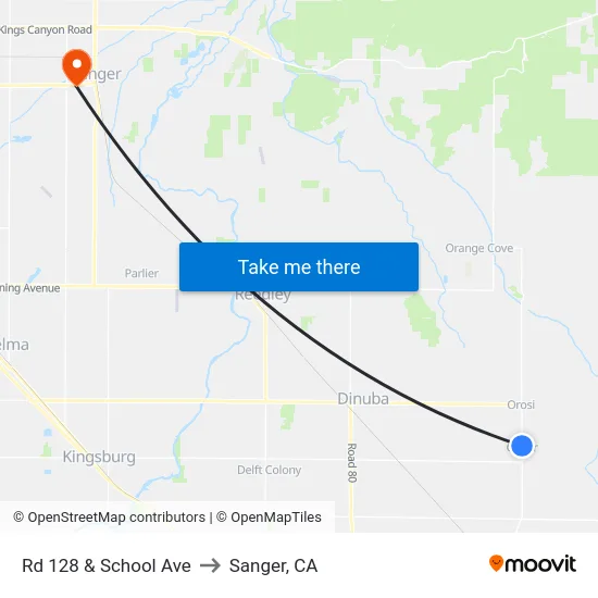 Rd 128 & School Ave to Sanger, CA map