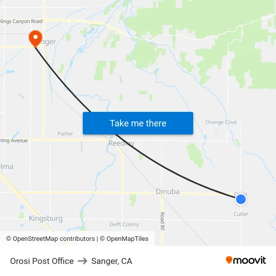 Orosi Post Office to Sanger, CA map