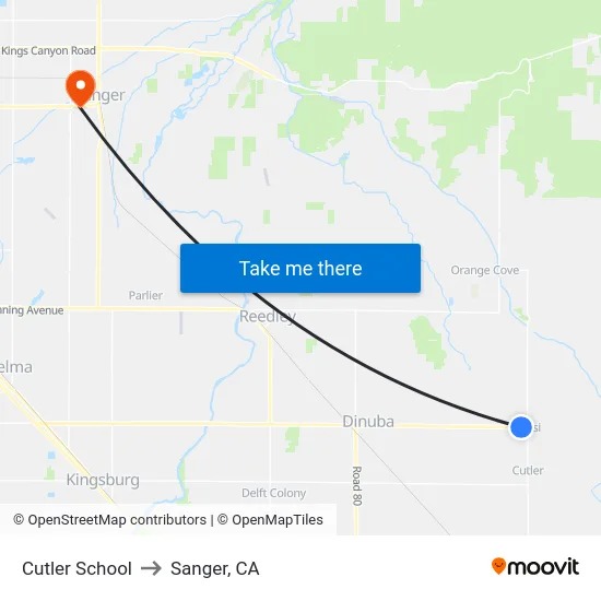 Cutler School to Sanger, CA map