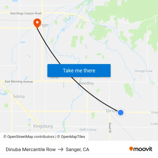 Dinuba Mercantile Row to Sanger, CA map