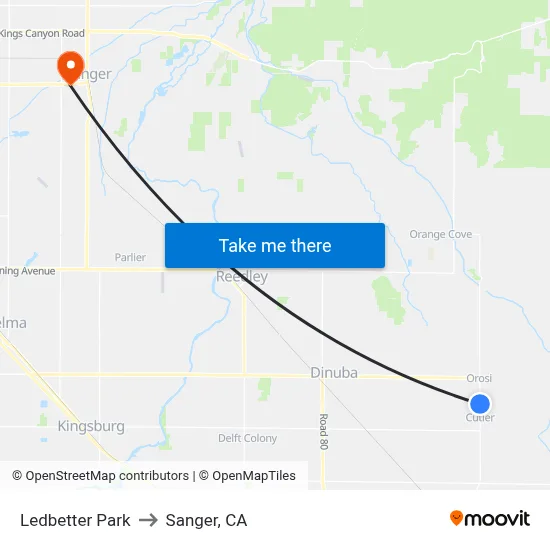 Ledbetter Park to Sanger, CA map