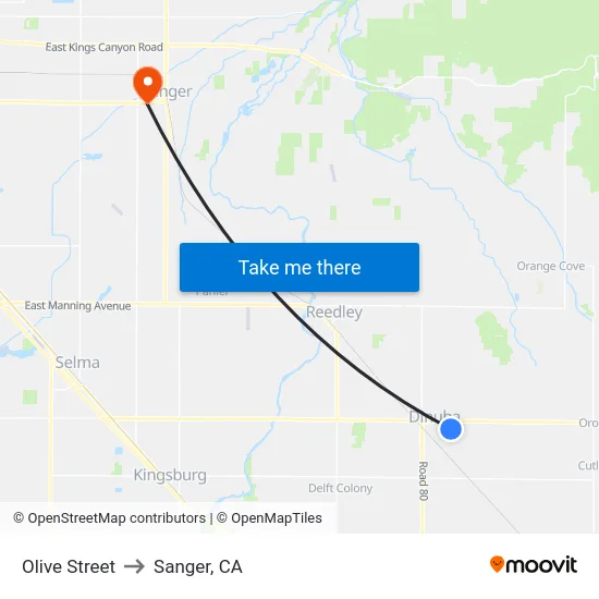 Olive Street to Sanger, CA map