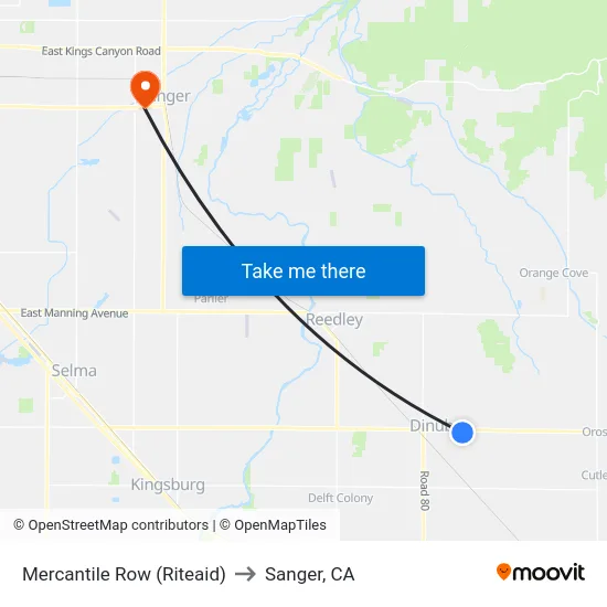 Mercantile Row (Riteaid) to Sanger, CA map