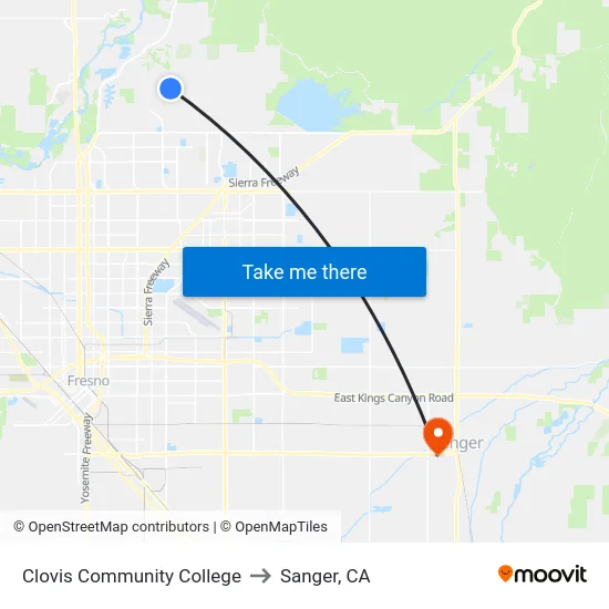 Clovis Community College to Sanger, CA map