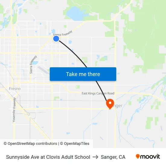 Sunnyside Ave at Clovis Adult School to Sanger, CA map