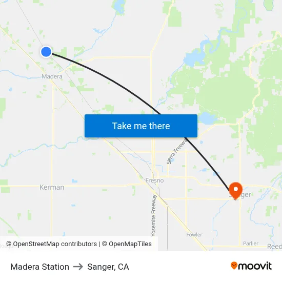 Madera Station to Sanger, CA map