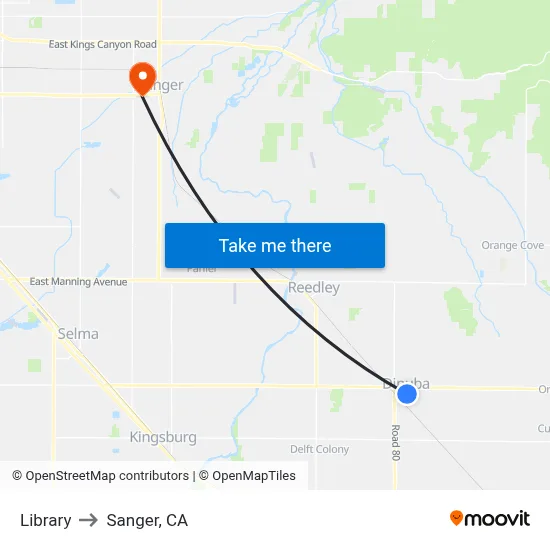 Library to Sanger, CA map