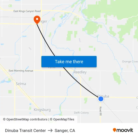 Dinuba Transit Center to Sanger, CA map