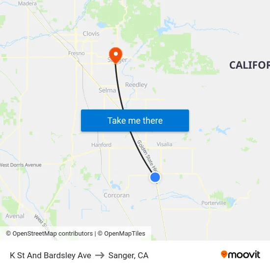 K St And Bardsley Ave to Sanger, CA map