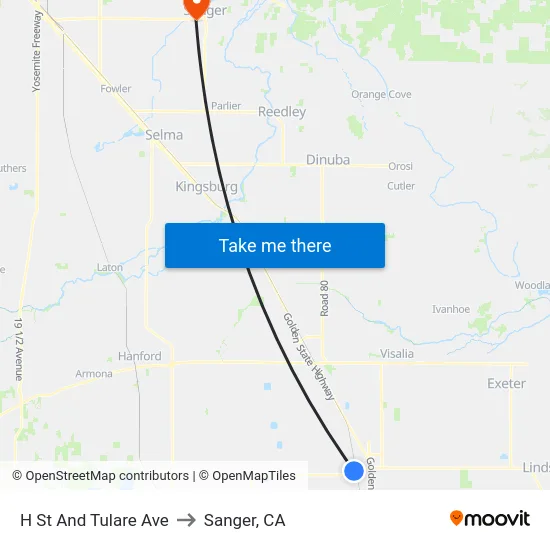 H St And Tulare Ave to Sanger, CA map