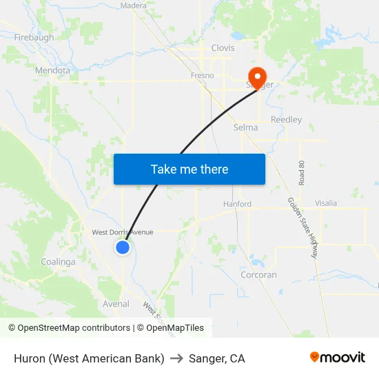 Huron (West American Bank) to Sanger, CA map