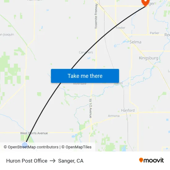 Huron Post Office to Sanger, CA map