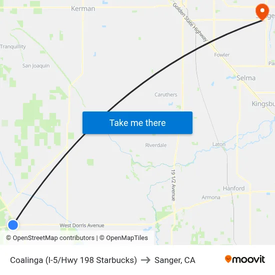 Coalinga (I-5/Hwy 198 Starbucks) to Sanger, CA map