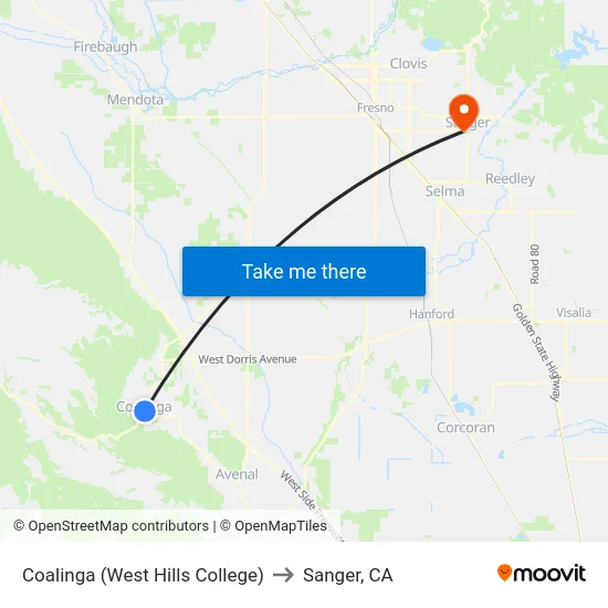 Coalinga (West Hills College) to Sanger, CA map