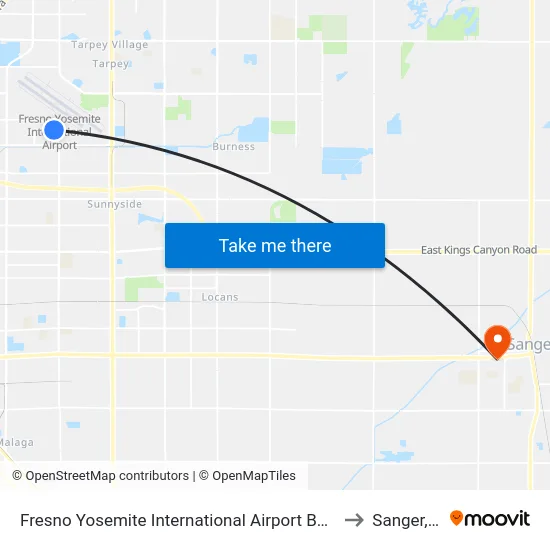 Fresno Yosemite International Airport Bus Shelter to Sanger, CA map