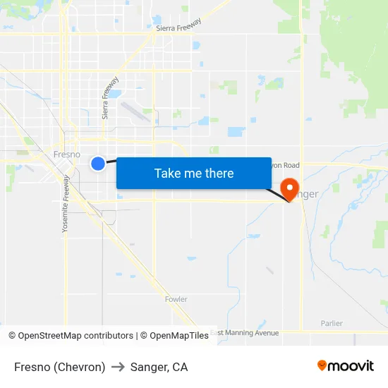 Fresno (Chevron) to Sanger, CA map