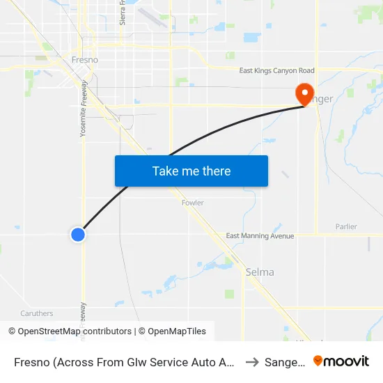 Fresno (Across From Glw Service Auto And Truck Repair) to Sanger, CA map